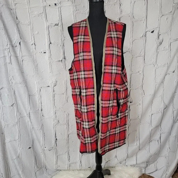 ALLIGATOR Red Plaid Flannel‎ Vest Wool Warmer Winter Jacket Trench Coat Liner - Picture 1 of 6